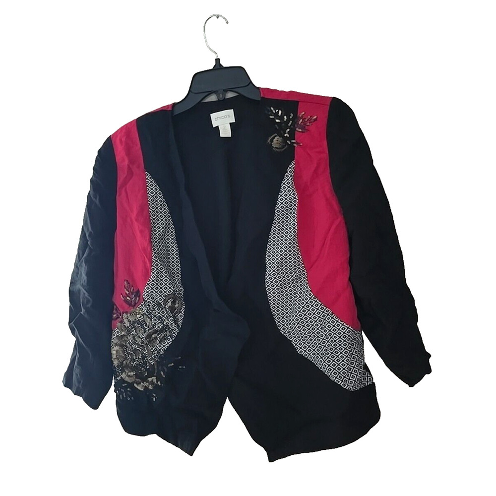 Chico's Black Red Floral Sequin Open Front Lagenlook Blazer Jacket Womans Size 2
